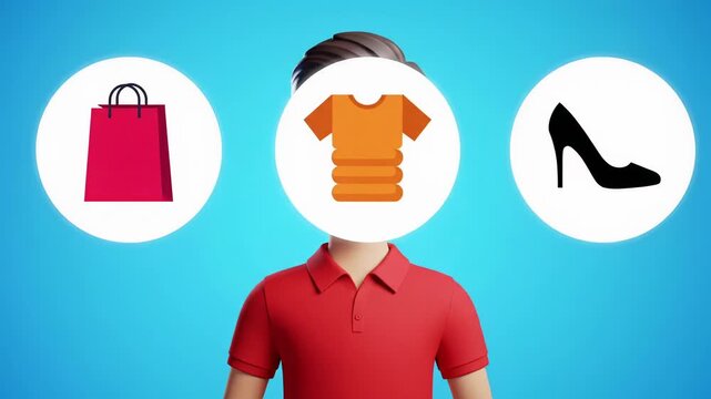 cheerful 2d animated cartoon man in red polo, beaming smile, against light blue studio background. white circles with shopping bag, t-shirt, shoe icons appear above head. explainer video concept