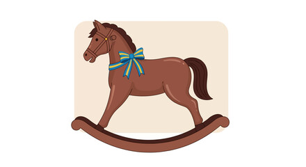 Brown Rocking Horse with Blue and Yellow Ribbon, Childhood Toy Illustration