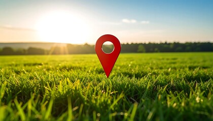 Location marker on green field at sunset.
