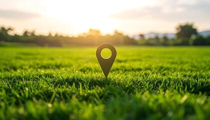 Location pin in green grass at sunset.