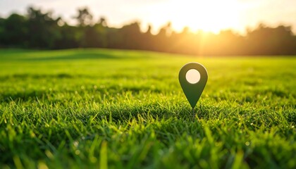 Location pin in green grass at sunset. (1)
