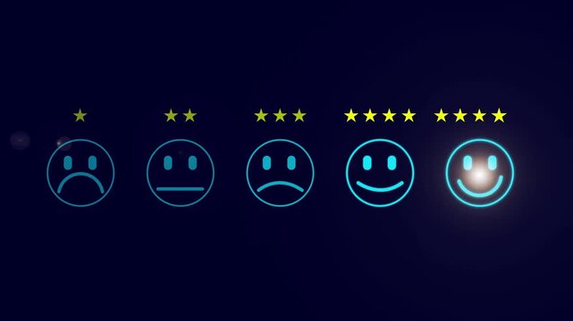 Customer feedback rating system with sad neutral and happy faces and stars on dark background concept for service evaluation satisfaction and reviews