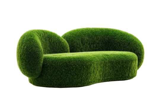 A whimsical, grassy green sofa with curved, rounded back and armrests against a black backdrop