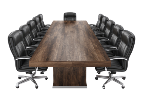 A large wooden conference table surrounded by leather chairs, ready for a meeting