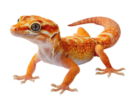 A vibrant orange gecko with striking eyes and a patterned tail against a black backdrop