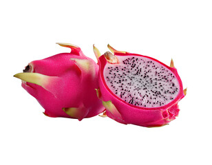 - a pink dragon fruit, cut in half and displayed on the right side of an isolated white background