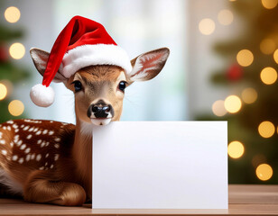 christmas reindeer with blank card and christmas hat for greeting card design
