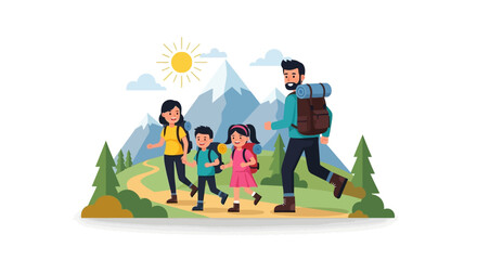 Fototapeta premium Family hiking adventure in a scenic mountainous landscape with pine trees and a bright sun