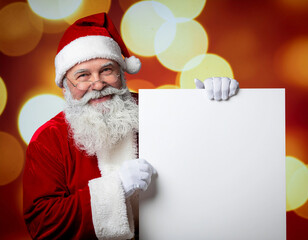 santa claus holding a blank sign for christmas greeting card