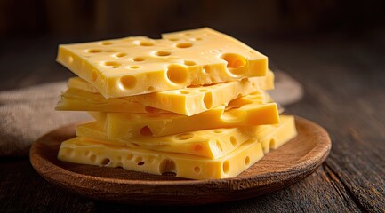Stacked cheese slices on wooden plate