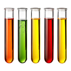 Five upright glass test tubes with varying colored liquids inside against a black background