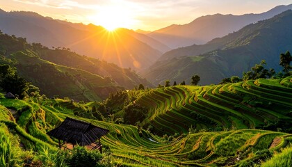 Rice terraces and mountains at sunset. (1)