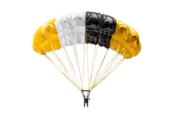 A fully deployed parachute with panels of yellow, white, and black against a void