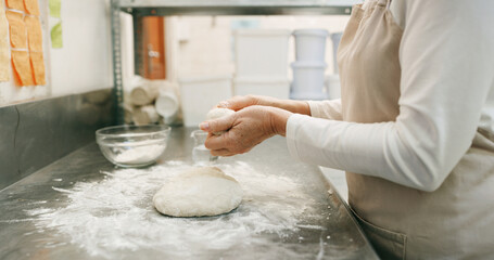 Baker, hands or kneading dough in kitchen for bread, cooking food and restaurant cuisine. Person, powder or ingredients in bakery with hospitality catering, meal prep or gluten free sourdough recipe.