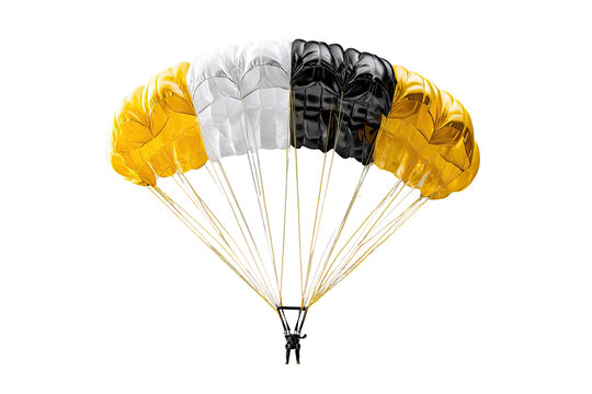 A fully deployed parachute with panels of yellow, white, and black against a void