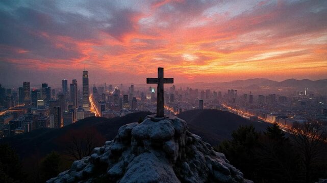 Stunning aerial view of city skyline at dusk, city lights twinkling, reverse shot from cross, perfect for urban development or faith projects