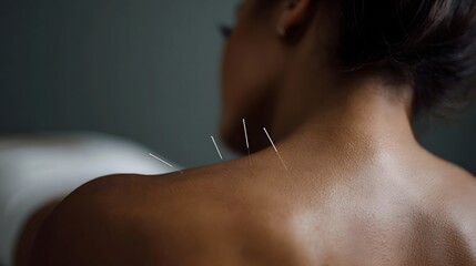 Close up of acupuncture needles being applied to a person s shoulder and neck area for therapeutic treatment
