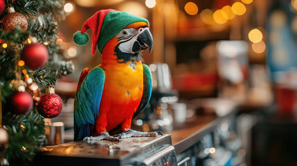 Parrot wearing elf hat sitting on coffee machine, shouting funny phrases in Christmas café interior, playful holiday meme scene with copy space