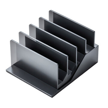 Isometric view of a silver metal heat sink with multiple parallel fins