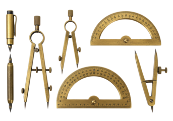 Isolated architectural drafting tools assortment precision metal protractor drafting set study