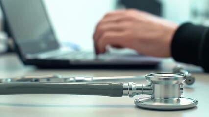 Stethoscope on Desk with Doctor Typing on Laptop in Blurred Background, Medical Office Scene