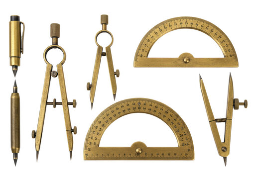 Isolated architectural drafting tools assortment precision metal protractor drafting set study