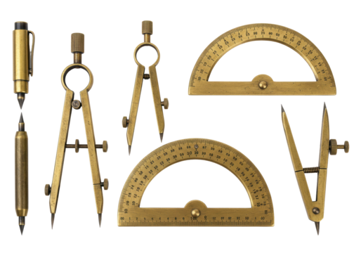 Isolated architectural drafting tools assortment precision metal protractor drafting set study