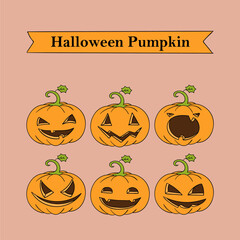 Collection of halloween pumpkins with different facial expressions on a light pink background perfect for spooky season decorations and festive fall holiday designs