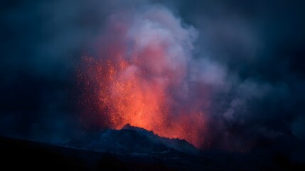 Dramatic volcanic eruption spewing molten lava and thick smoke against a dark sky
