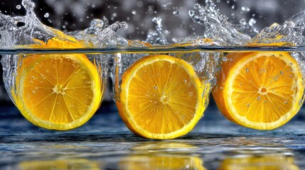 Splashing citrus delight fresh lemon slices in water kitchen food photography high-speed action vibrant colors