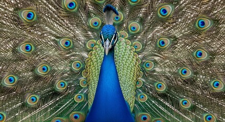 Obraz premium Peacock full body with glowing blue and emerald feathers