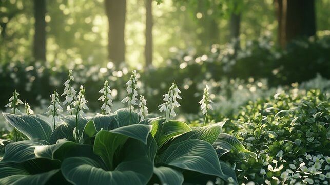 A dense planting of hostas with rich green leaves and white flowers, creating a serene garden setting