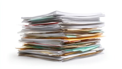 Tall stack of paperwork and documents creates chaos in office.