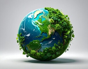 Globe showing land covered in greenery, water, against a white backdrop