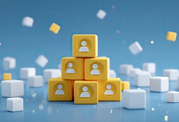 Stacked yellow cubes, person icons, white cubes,  light blue background