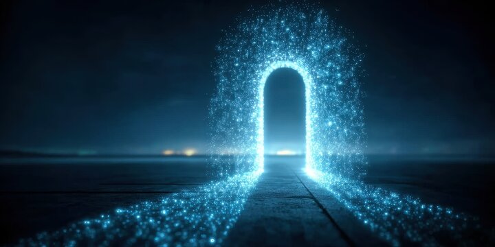 A celestial gateway formed by binary light and byte constellations, guiding computing travelers through a database protected by a firewall link