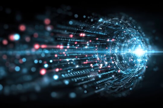 Monumental art installation of binary streams and byte spheres symbolizing computing unity, a function database shielded by a radiant firewall link