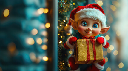 Santa's elf with gift box,realistic art photography for advertising,holiday christmas concept,creative composition from stock photos