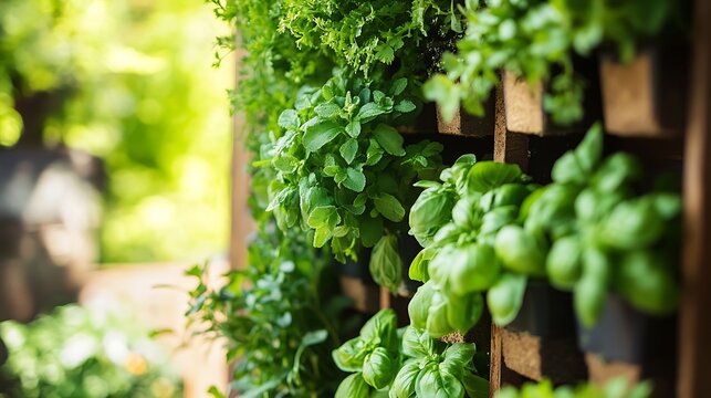 A DIY vertical herb garden made with recycled materials, featuring basil, parsley, and cilantro plants - Powered by Adobe