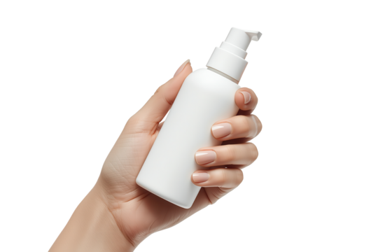 A hand gracefully holds a white, unmarked dispenser against a transparent background