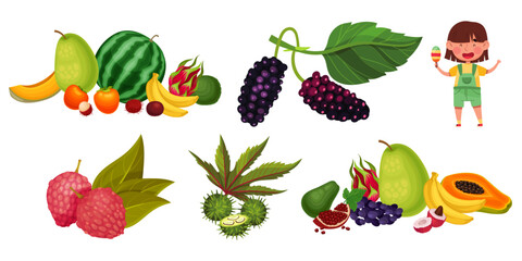 Vibrant assortment of exotic fruits and happy child with popsicle evokes summer freshness and healthy eating, perfect for nutrition and lifestyle content