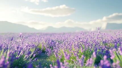 Naklejka premium A field of lavender in full bloom, the soft purple flowers swaying gently in the wind under a clear sky