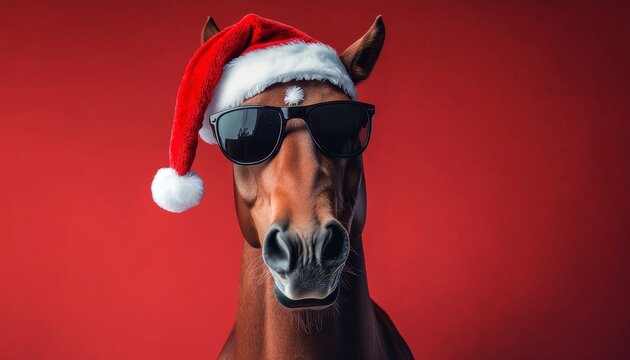 Festive Horse in Santa Hat and Sunglasses Bringing Holiday Cheer to Equestrian Lovers Everywhere