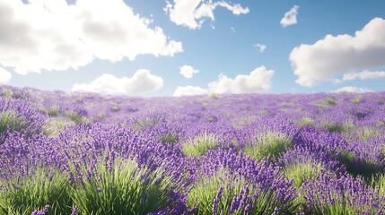 A field of lavender in full bloom, the soft purple flowers swaying gently in the wind under a clear sky