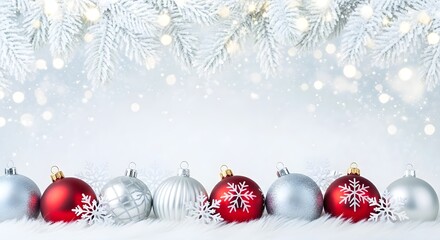 Fototapeta premium Elegant Christmas Background with Ornaments, Snowflakes, and Snowy Branches.