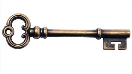 Antique brass key with ornate design on a white background  