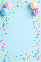 Vibrant illustration with pastel balloons and confetti on light blue, perfect for celebrations, with ribbons and squares adding festive charm.