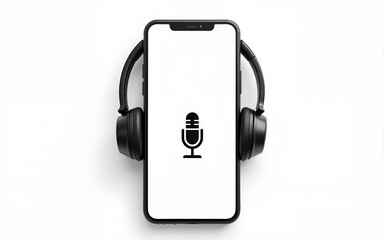 Podcast background. Mobile smartphone screen with podcast application, sound headphones. Audio voice with radio microphone on white. Recording studio or podcasting banner with copy space.