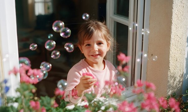A joyful European five-year-old girl inside a ground-floor window with the window open, smiling brightly while blowing many huge pink soap bubbles outward