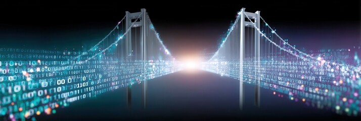 Futuristic data bridge built with binary code beams, byte panels, and a computing core linking to a massive database protected by a firewall link